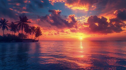Fototapeta na wymiar Majestic Sunset Over Ocean With Palm Trees
