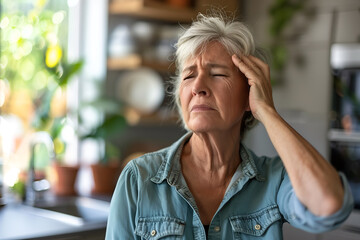 Dizziness or headache of Caucasian senior woman. - obrazy, fototapety, plakaty