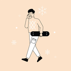 Stylish winter fashion. Young people standing in winter clothes. flat design style minimal vector illustration.