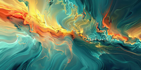 Vibrant and dynamic abstract painting with swirling orange, yellow, and blue shapes against a dark black background