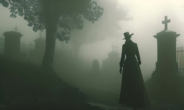 Silhouette of a woman in a hat at a cemetery in the fog. Mystery and gothic concept.