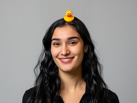 AI-Generated Image of Smiling Woman with Rubber Duck on Head
