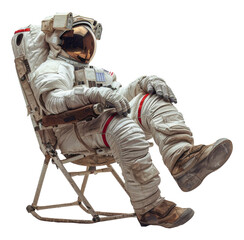 Astronaut lounging in wooden director's chair on transparent background - stock png. - obrazy, fototapety, plakaty