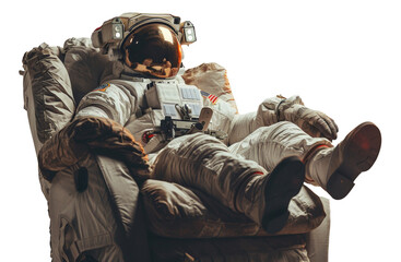 Astronaut lounging in wooden director's chair on transparent background - stock png. - obrazy, fototapety, plakaty
