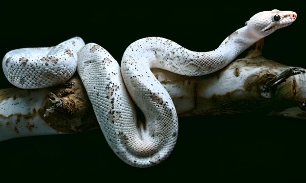 Aa white snake on a tree branch against a dark background. The concept of an exotic animal.