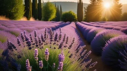 Sunset over vibrant purple lavender fields, with sunlight streaming through trees, evoking calm and scenic beauty perfect for wellness or travel themes.