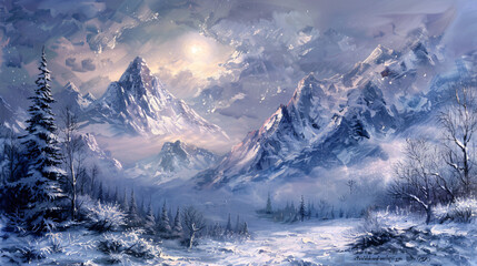Fototapeta na wymiar Winter landscape. Beautiful mountains. Interior painti