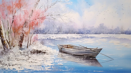 Winter landscape with ice lake and boat colorful paint