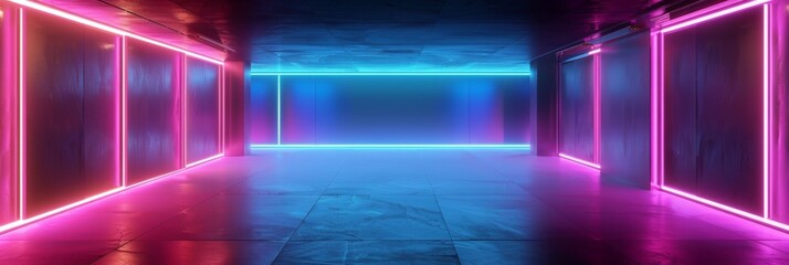 Empty geometric room with glowing neon lines and a dark, stylish atmosphere