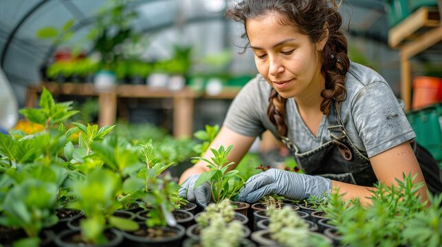 Woman Tending to Plants in Greenhouse