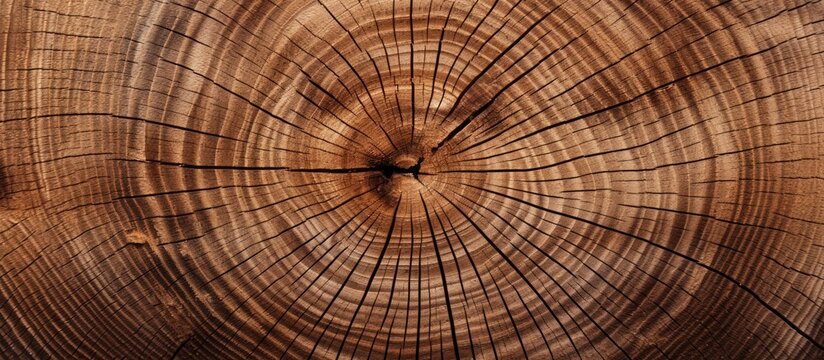 Closeup macro photography of a brown tree stump revealing the intricate patterns and symmetry of annual rings, showcasing the natural beauty of wood