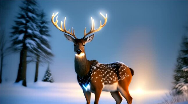 Christmas moose with blinking Christmas lights on antlers. Concepts of serene natural winter landscape and winter wildlife.