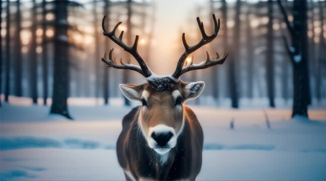 Wild reindeer in fresh snow covered mountain. Concepts of serene natural winter landscape and winter wildlife.