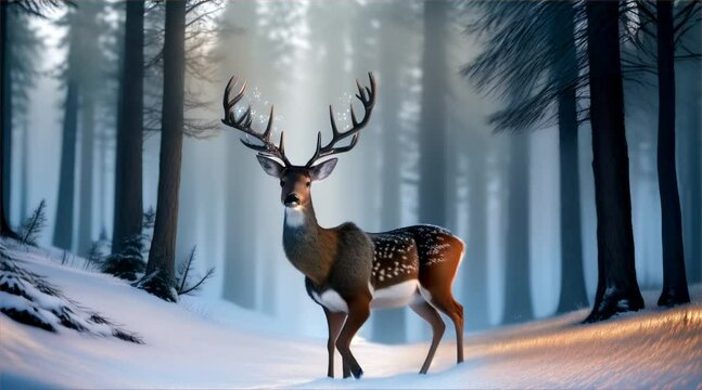 Wild reindeer in fresh snow covered mountain. Concepts of serene natural winter landscape and winter wildlife.
