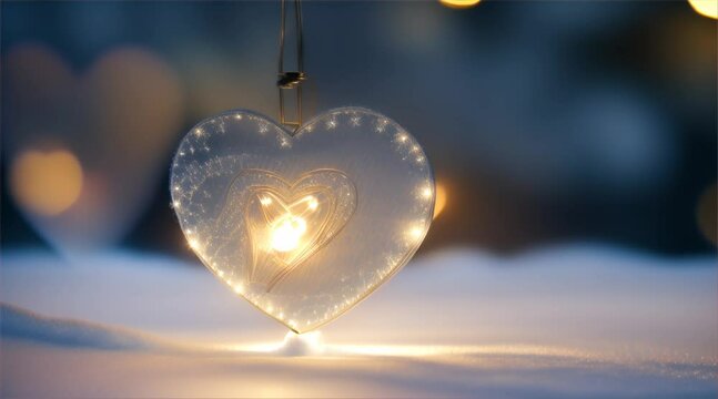 Colorful light heart-shaped lanterns on the snow background decorate the garden outside at night. Romantic design for Happy Valentines Day.
