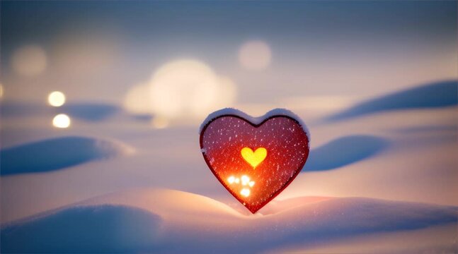 Colorful light heart-shaped lanterns on the snow background decorate the garden outside at night. Romantic design for Happy Valentines Day.
