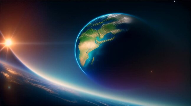 Three-dimensional render of planet Earth floating in outer space. Earth with sunrise in space