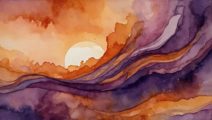 Gardinen Sunset-inspired watercolor background with abstract swirls of orange and purple, evoking the beauty of dusk. © xKas