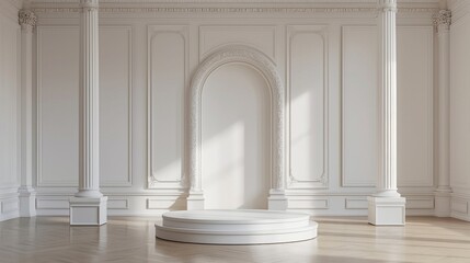 White Wainscoting Podium Mockup, Front View Product Display in Elegant Hall