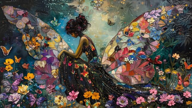 In a lush garden teeming with life, a large and stunningly beautiful fairy with iridescent wings sits gracefully amidst a riot of colorful flowers.

