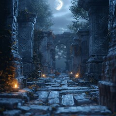 Ancient ruins, stone blocks, exploring the lost city under moonlight, ancient engravings, 3D render, Backlights, Depth of field bokeh effect