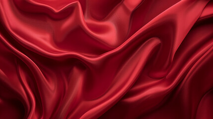 rich texture of luxurious red satin fabric, with elegant folds and soft shadows highlighting its silky sheen, creating a sense of depth and movement.