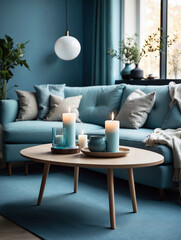 Behagliches skandinavisches Wohnzimmer mit Kerzen auf einem Couchtisch vor einem blauen Sofa - obrazy, fototapety, plakaty