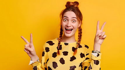 Photo of impressed excited woman wear cow skin top pointing two fingers empty space isolated yellow color background - obrazy, fototapety, plakaty