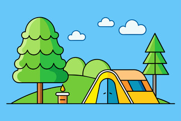 Naklejka premium A cozy winter camping scene in a forest with snow-covered trees and a starry night sky