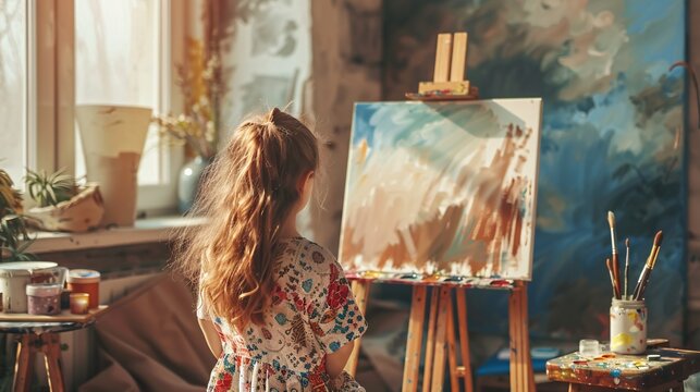 Creative painter using easel in art studio. Genuine young girl creates with assortment of watercolors and paintbrush in early morning sunlight. Educational indoor setting for homemade art with a view.