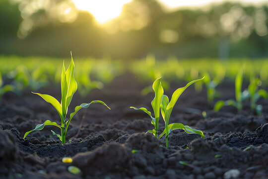 A springtime corn field with fresh, green sprouts growing in a farm area.