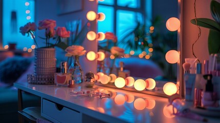Vanity With Lighted Mirror and Flowers
