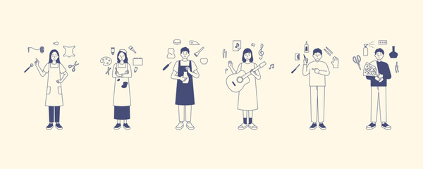 People are standing with hobby items in their hands. Icons are floating around. outline simple vector illustration.