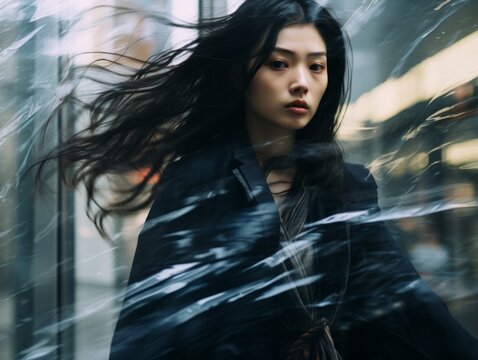 street photo of a young Chinese Asian woman, she has long black hair, double exposure and image blur, retro