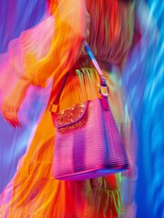 fashion vertical of a model with bags with her back to the camera, in blue orange tones, face and head not visible, trend, realism, blur of retro colors, color scheme. fashion concept, trend, blur,