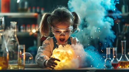 A playful young girl conducting experiments and causing a blast in a lab, exploring science and...