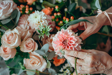 a person's hands arranging a bouquet of fresh flowers or creating a floral centerpiece for a special event or home decor,