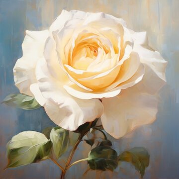 one white cream rose painted, done in acrylic or oil on a gray background. concept flowers, peony, draw, art, picture
