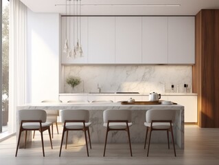Minimalist modern interior design of kitchen with white marble stone island, dining table and chairs.