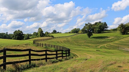 Fototapeta na wymiar Serpentine Horse Barrier Writhes Across Countryside in Kentucky.