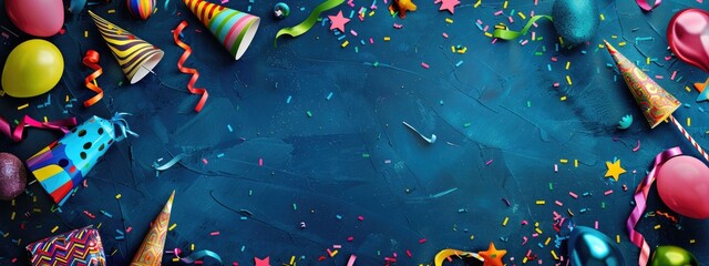 Colorful birthday background with multicolor party items - obrazy, fototapety, plakaty