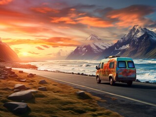 ultra realistic photo. orange camper goes on a vacation trip. against the backdrop of beautiful mountains and sea. concept vacation, travel, nature, relaxation, work remotely