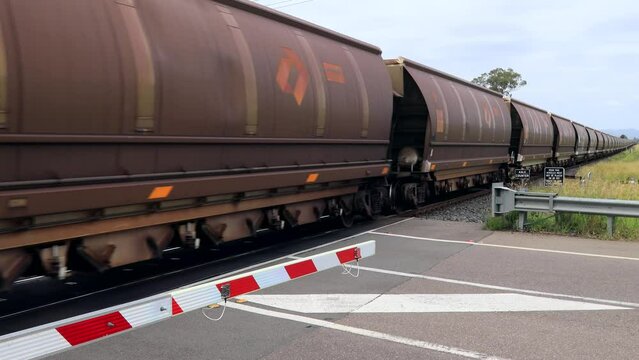 Endless long wagons of freight train in Hunter vally of Australia carrying coal &ndash; 4k.
