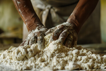 a person's hands mixing and kneading dough for homemade bread or pastries - obrazy, fototapety, plakaty