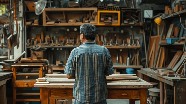 Man furniture business is preparing wood for production