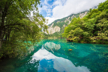 Beautiful view of the blue lake of Wolong Sea in Jiuzhaigou, Sichuan, China