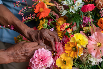 a person's hands arranging fresh flowers into a beautiful bouquet or centerpiece