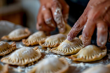 a person's hands crimping and sealing handmade empanadas or pastries filled with savory or sweet fillings for a delicious and portable snack or meal - obrazy, fototapety, plakaty