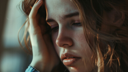 Obraz premium girl holding her head, concept of psychological help for adolescents, depression in adolescents, loneliness