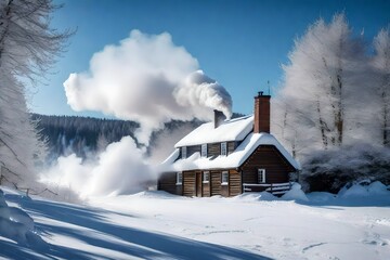 On a chilly day, a snow-covered cottage has smoke rising from its chimney.